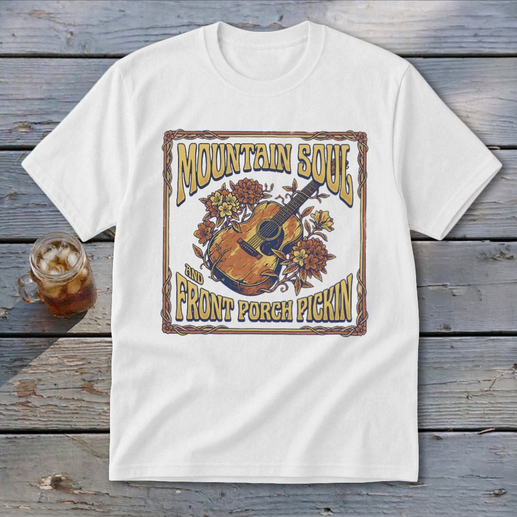 White t-shirt with "Mountain Soul and Front Porch Pickin'" text and guitar graphic.