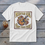 White t-shirt with "Mountain Soul and Front Porch Pickin'" text and guitar graphic.