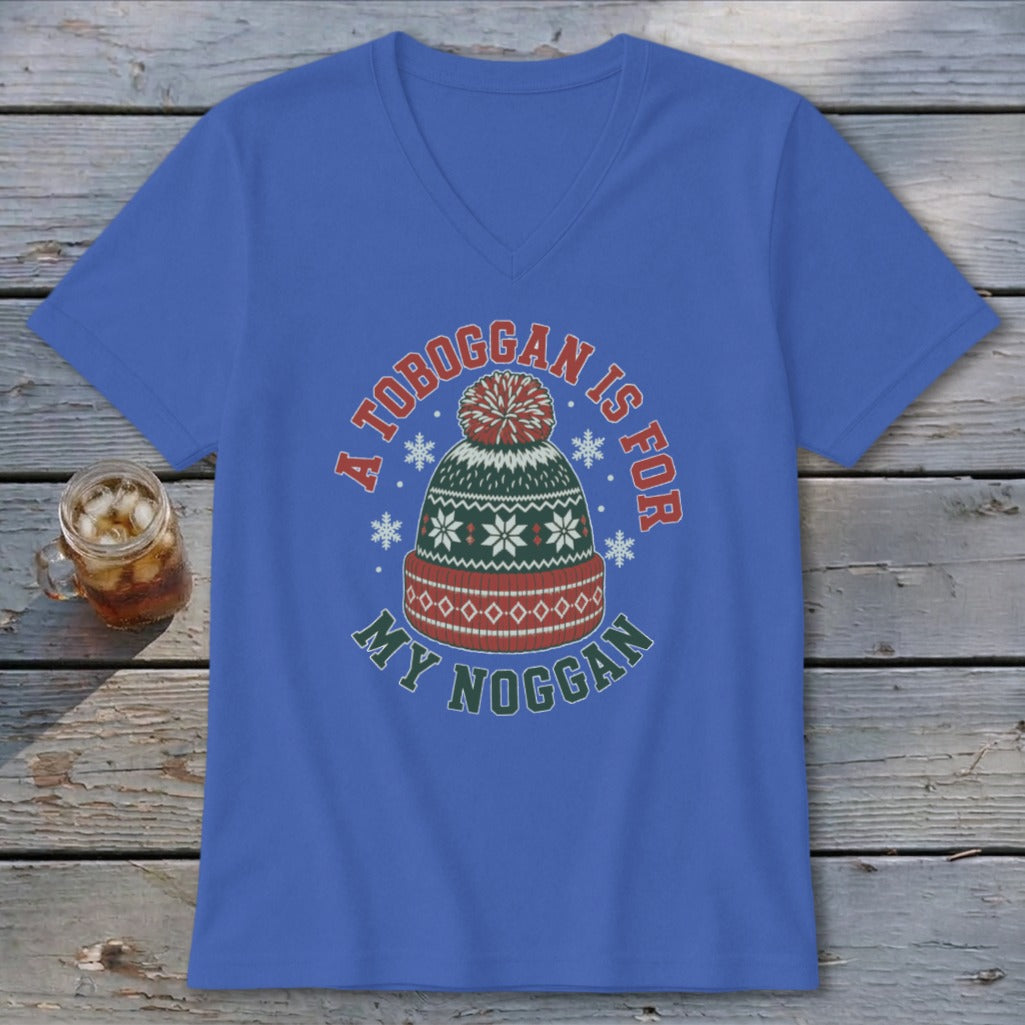 Royal blue V-neck t-shirt featuring a graphic of a winter hat and the text A Toboggan is for my Noggan.