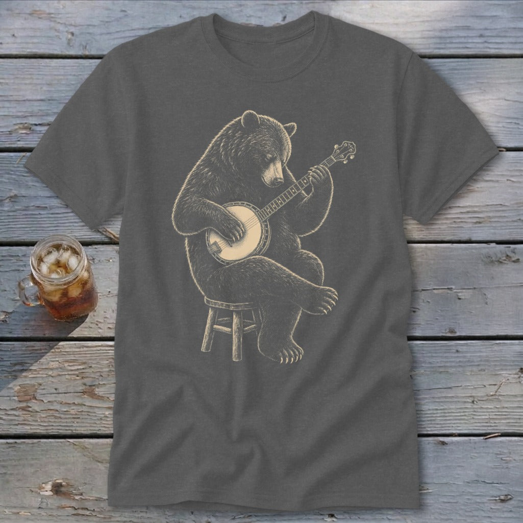 Dark gray t-shirt with a drawing of a bear sitting on a stool playing a banjo.
