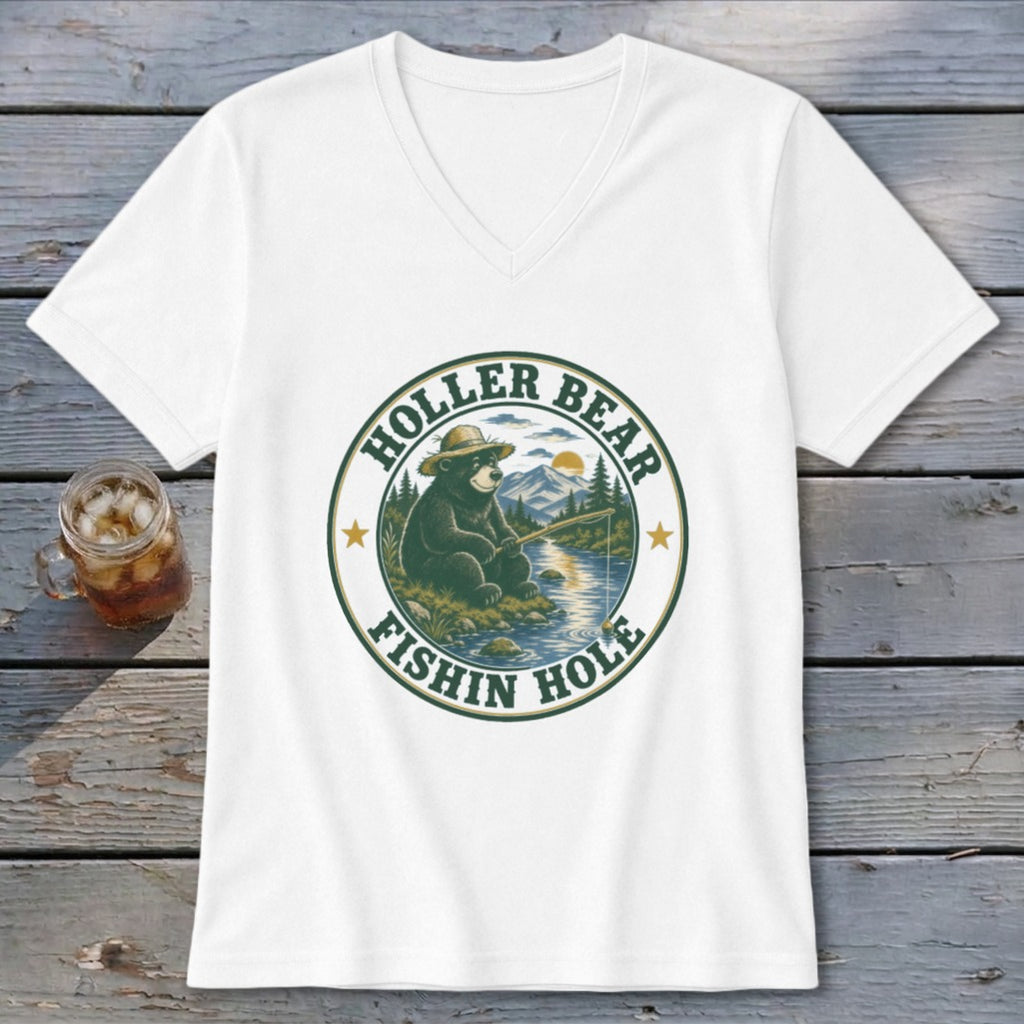 White t-shirt with a circular graphic of a bear fishing. Text reads "HOLLER BEAR" and "FISHIN HOLE".