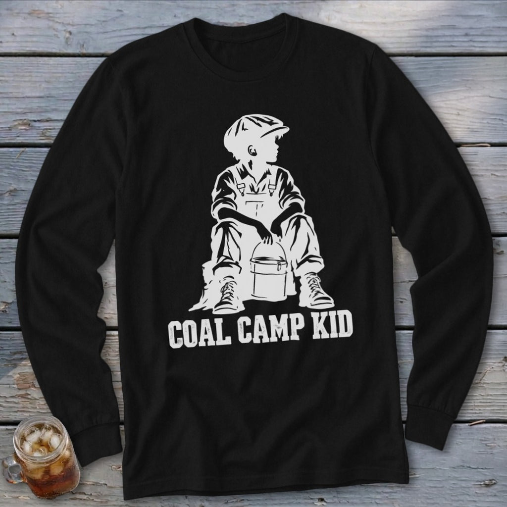 Black long-sleeve shirt with white "Coal Camp Kid" graphic of a boy holding a bucket.