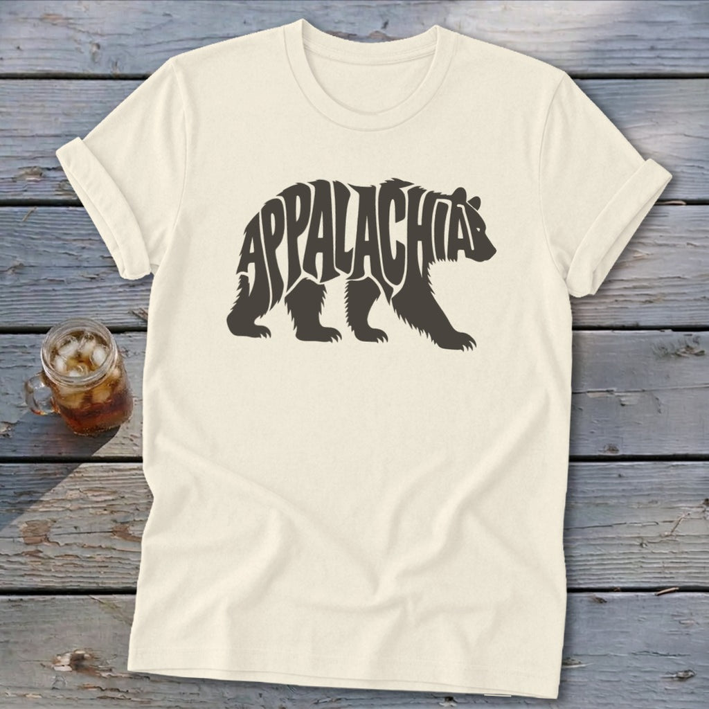 Off-white t-shirt featuring a dark bear silhouette filled with the word Appalachia in uppercase letters.