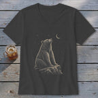 Dark grey v-neck t-shirt with a bear sitting on a rock looking at the moon and stars.