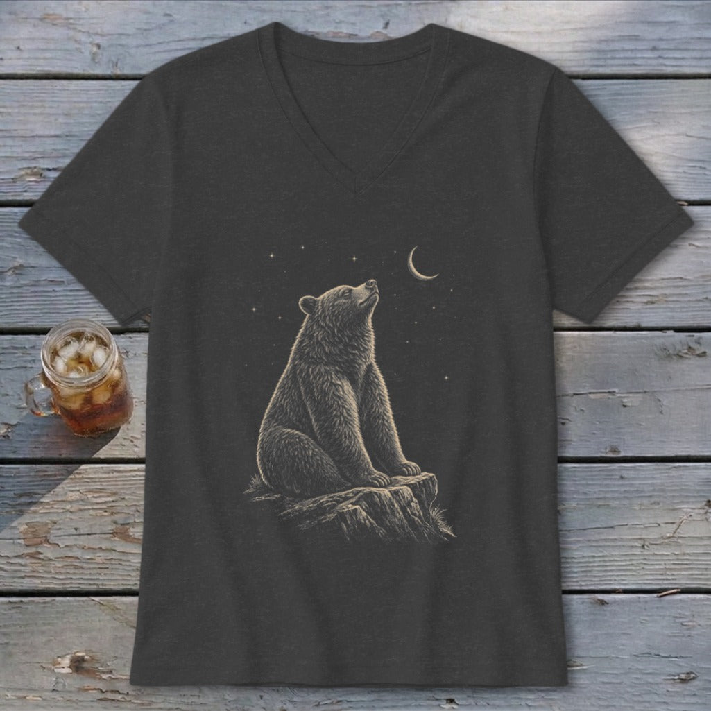 Dark grey v-neck t-shirt with a bear sitting on a rock looking at the moon and stars.