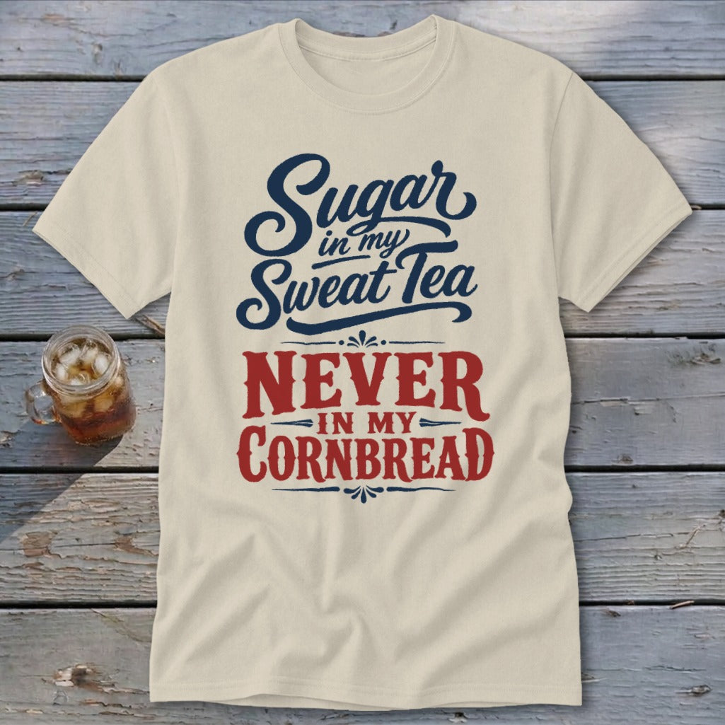 Beige t-shirt featuring blue and red text reading Sugar in my sweat tea never in my cornbread.