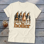 Cream t-shirt with four barking hounds and "holler" text below.