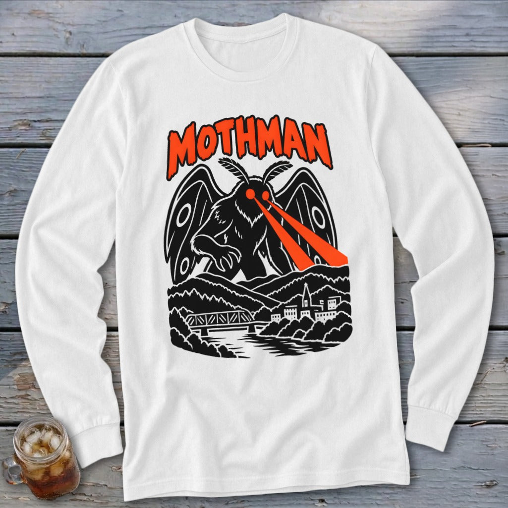 Mothman with red eyes and wings above a bridge and town graphic.