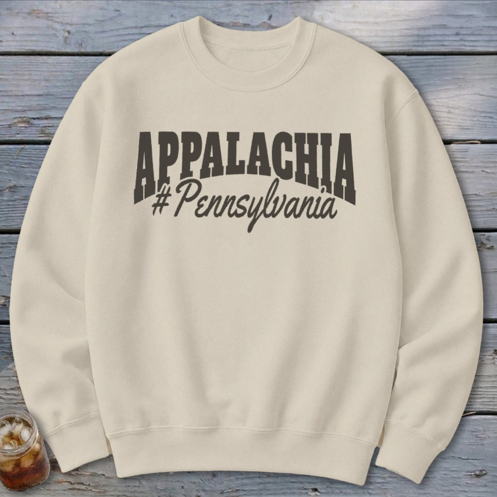 Cream sweatshirt with black "APPALACHIA #Pennsylvania" graphic print.