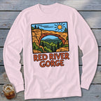 Pink long-sleeve shirt with Red River Gorge graphic depicting natural arch and trees.