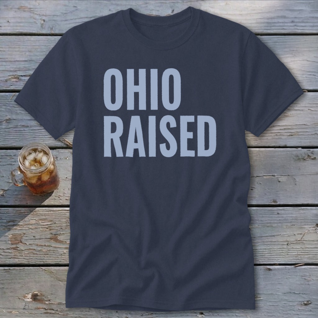 Navy t-shirt with "OHIO RAISED" in light blue text.
