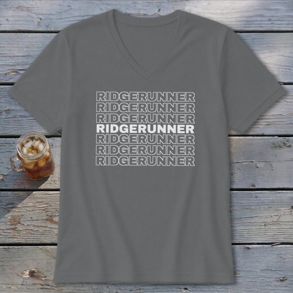 Grey v-neck t-shirt with repeated "RIDGERUNNER" text in white.