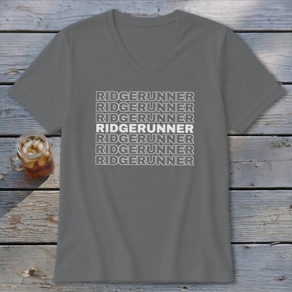 Grey v-neck t-shirt with repeated "RIDGERUNNER" text in white.