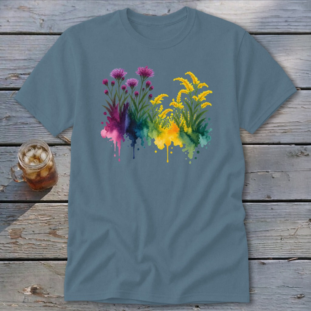 Blue t-shirt with watercolor floral design featuring pink and yellow flowers.