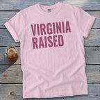 Light pink t-shirt with "Virginia Raised" text in burgundy.
