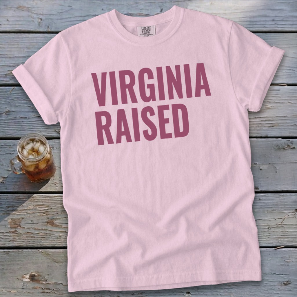 Light pink t-shirt with "Virginia Raised" text in burgundy.