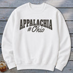 White sweatshirt with "APPALACHIA #Ohio" graphic text.