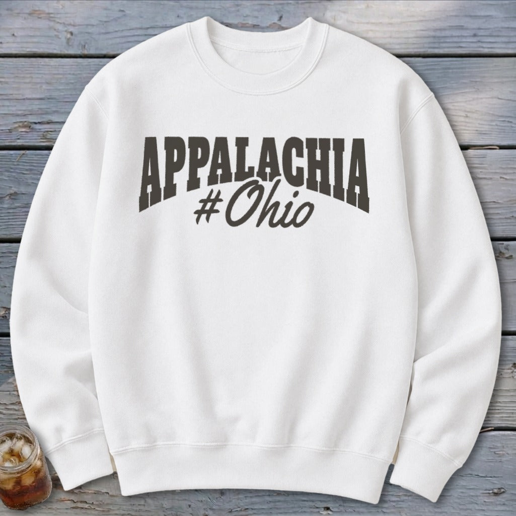 White sweatshirt with "APPALACHIA #Ohio" graphic text.