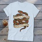 Light blue t-shirt with coiled snake graphic and banner text.