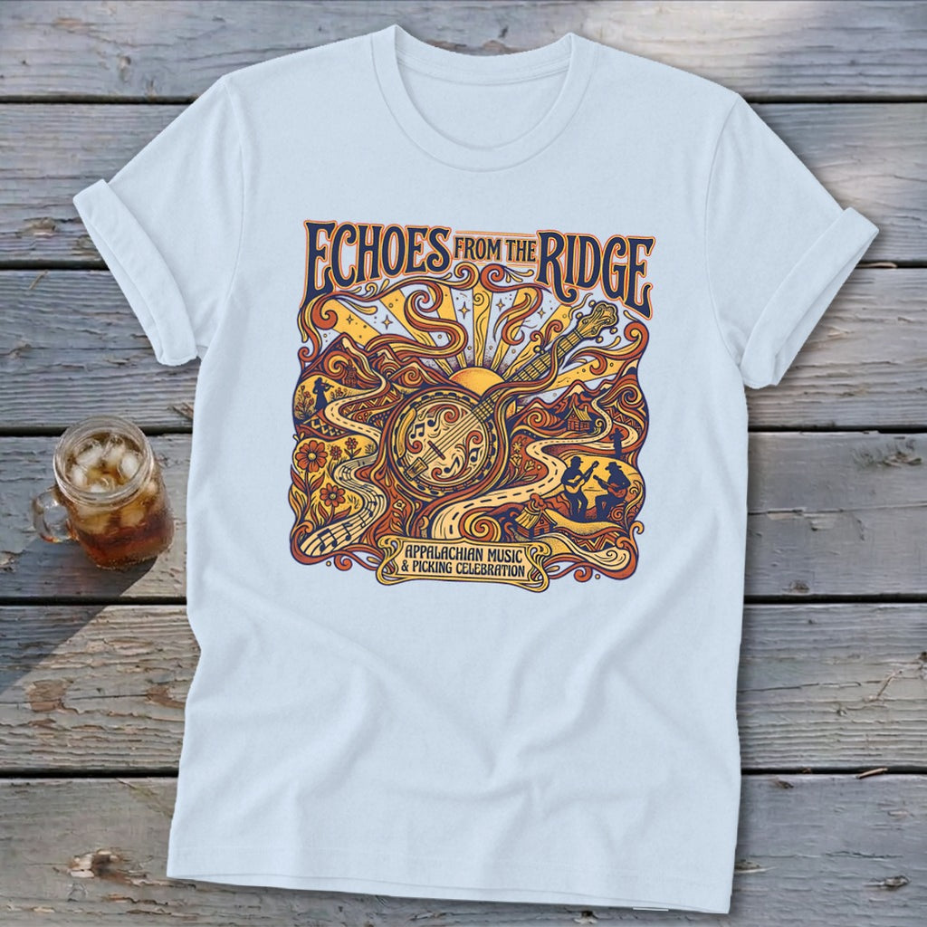 Light blue t-shirt with "Echoes From The Ridge" and "Appalachian Music & Picking Celebration" graphics.