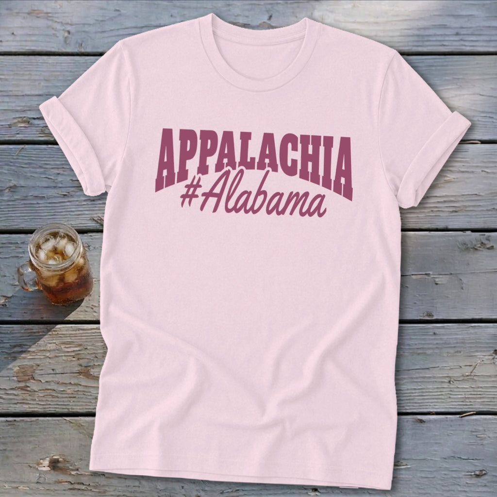Pink t-shirt with "APPALACHIA #Alabama" text in dark pink.
