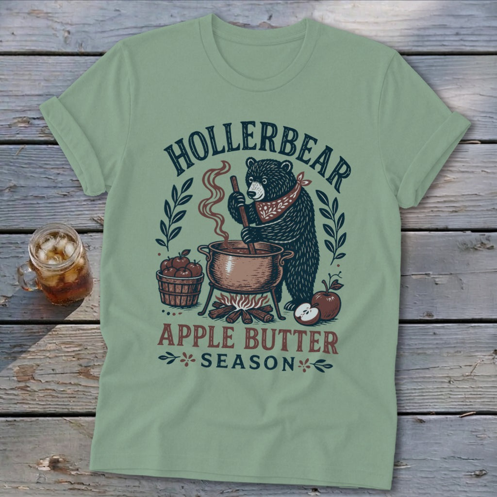Bear making apple butter with text "HOLLERBEAR APPLE BUTTER SEASON".