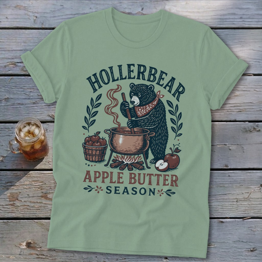 Bear making apple butter with text "HOLLERBEAR APPLE BUTTER SEASON".