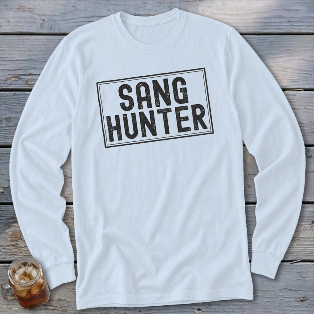 White long sleeve shirt with "SANG HUNTER" text in a distressed black box.