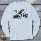 White long sleeve shirt with "SANG HUNTER" text in a distressed black box.