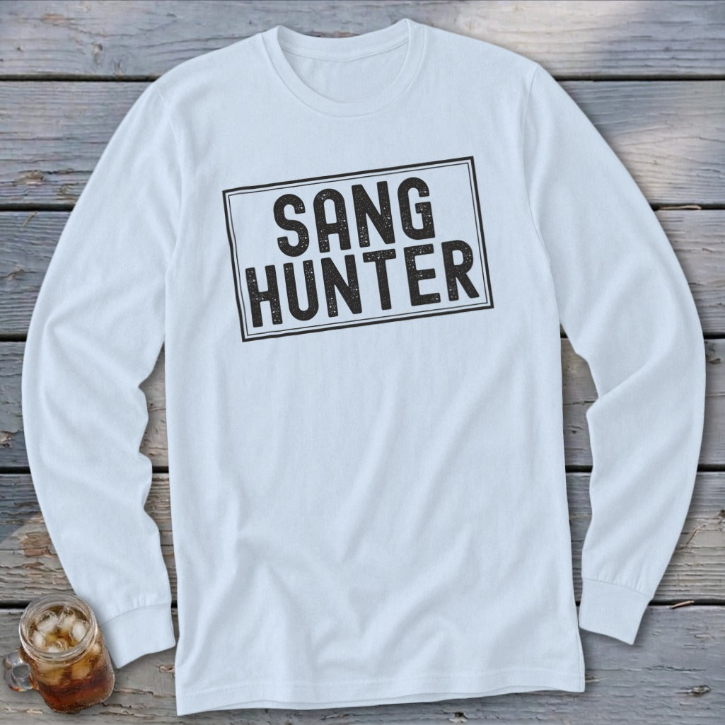 White long sleeve shirt with "SANG HUNTER" text in a distressed black box.