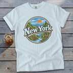 White t-shirt with circular New York landscape graphic and deer.