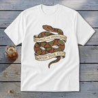 White t-shirt with snake graphic and text "Respect the Mountains Watch Your Step".