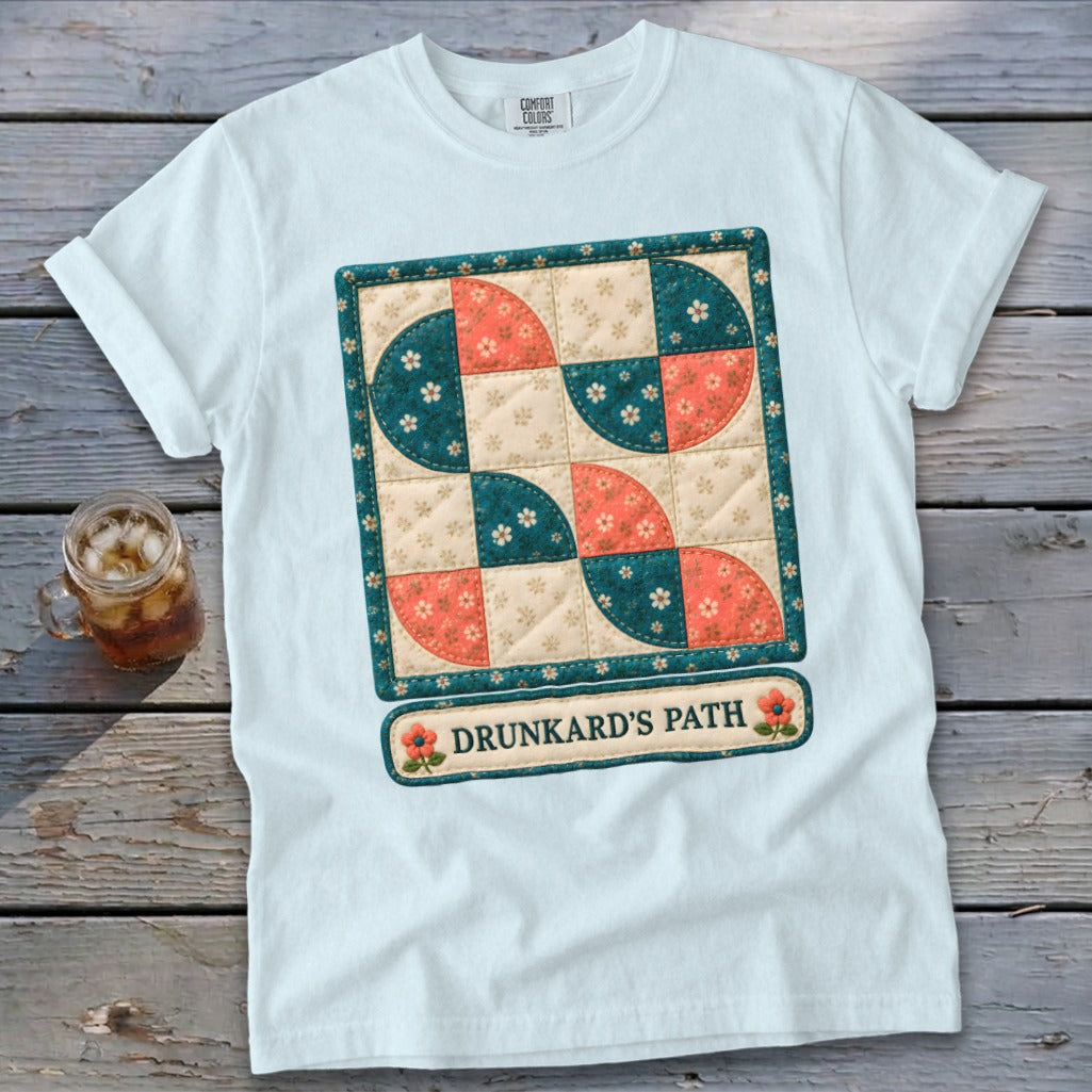 White t-shirt with a quilted "Drunkard's Path" design and Comfort Colors label.