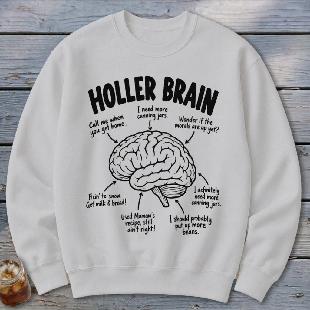 White sweatshirt with a black graphic of a brain labeled "HOLLER BRAIN" and various sayings.