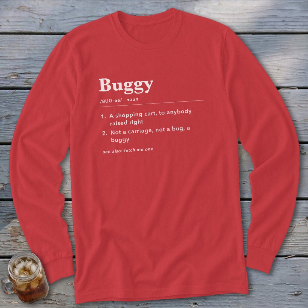 Red long-sleeved shirt with "Buggy" definition printed in white text.