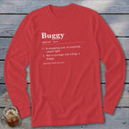 Red long-sleeved shirt with "Buggy" definition printed in white text.