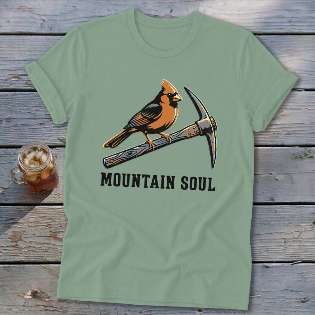 T-shirt with cardinal perched on a pickaxe, text reads "MOUNTAIN SOUL".