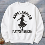A white crewneck sweatshirt featuring a black silhouette of a female dancer surrounded by the text Appalachian Flatfoot Dancer.