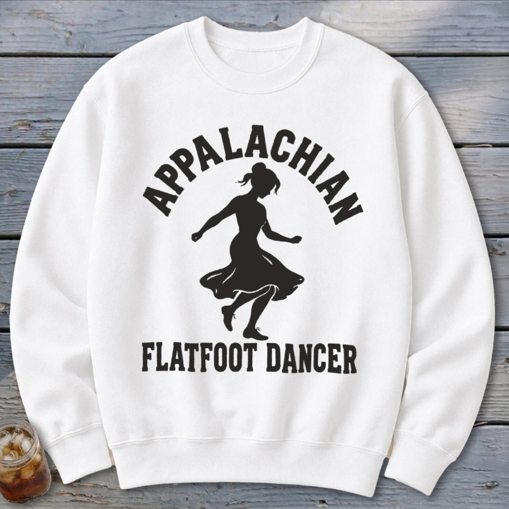 A white crewneck sweatshirt featuring a black silhouette of a female dancer surrounded by the text Appalachian Flatfoot Dancer.