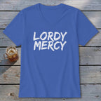 Blue v-neck t-shirt with white "Lordy Mercy" text and a glass of iced tea.