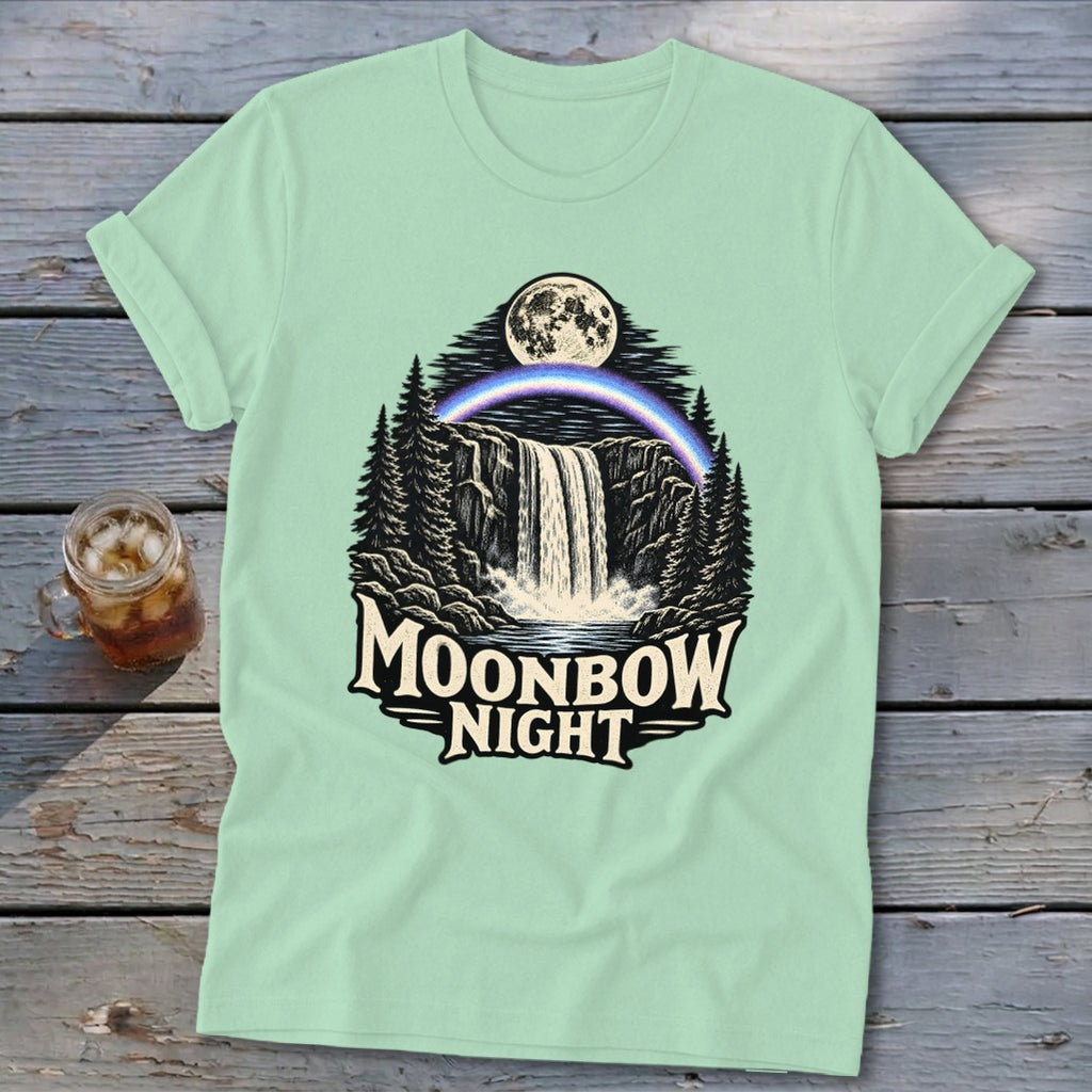 T-shirt graphic of a moonbow over a waterfall with "Moonbow Night" text.