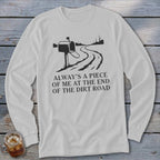 Long sleeve shirt with graphic of mailbox and dirt road and text.