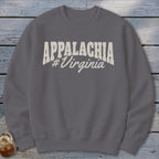 Gray sweatshirt with "APPALACHIA #Virginia" text in cream.