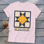 Pink t-shirt with an Ohio Star quilt block design and the text "OHIO STAR".