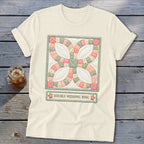 Cream t-shirt with a Double Wedding Ring quilt block graphic and text.