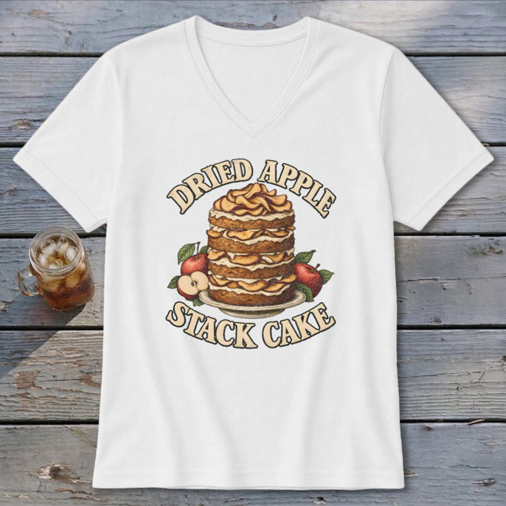 White t-shirt with graphic of "Dried Apple Stack Cake" with apples.