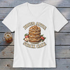 White t-shirt with graphic of "Dried Apple Stack Cake" with apples.