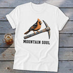 White t-shirt with cardinal on pickaxe and "MOUNTAIN SOUL" text.
