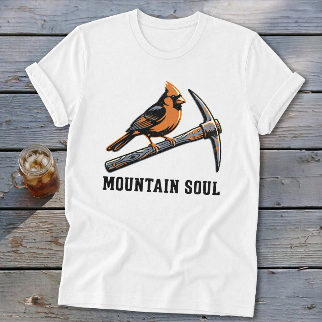 White t-shirt with cardinal on pickaxe and "MOUNTAIN SOUL" text.