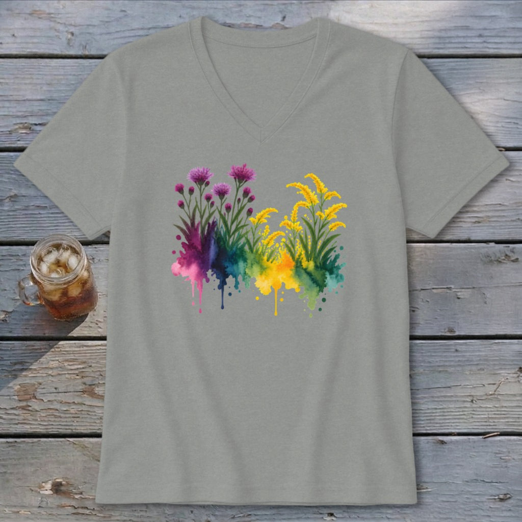 Gray v-neck t-shirt with watercolor floral design featuring purple and yellow flowers.